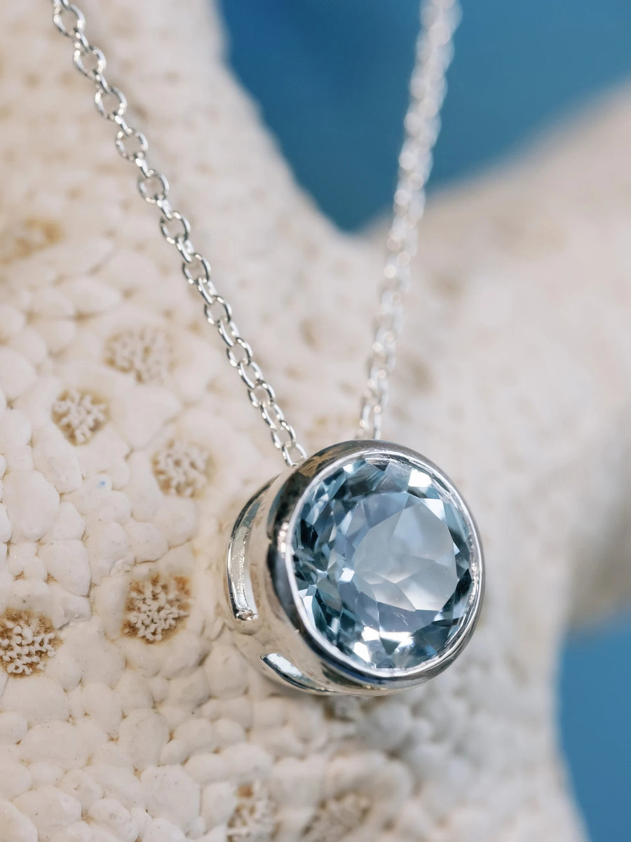 14k Round Blue Topaz Bezel 2.00ct Pendant Necklace