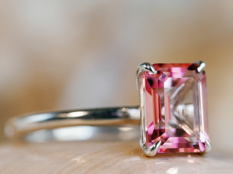 Natural Pink Topaz Emerald Cut Solitaire Ring