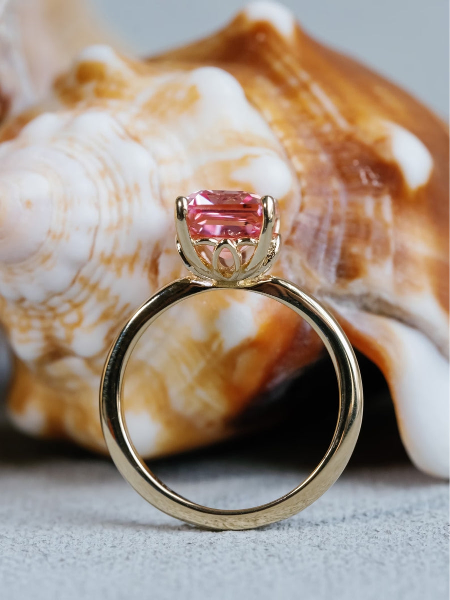 14k Emerald Cut Pink Padparadscha Sapphire Ring