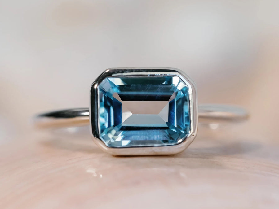 14k Emerald Cut Sky Blue Topaz Ring