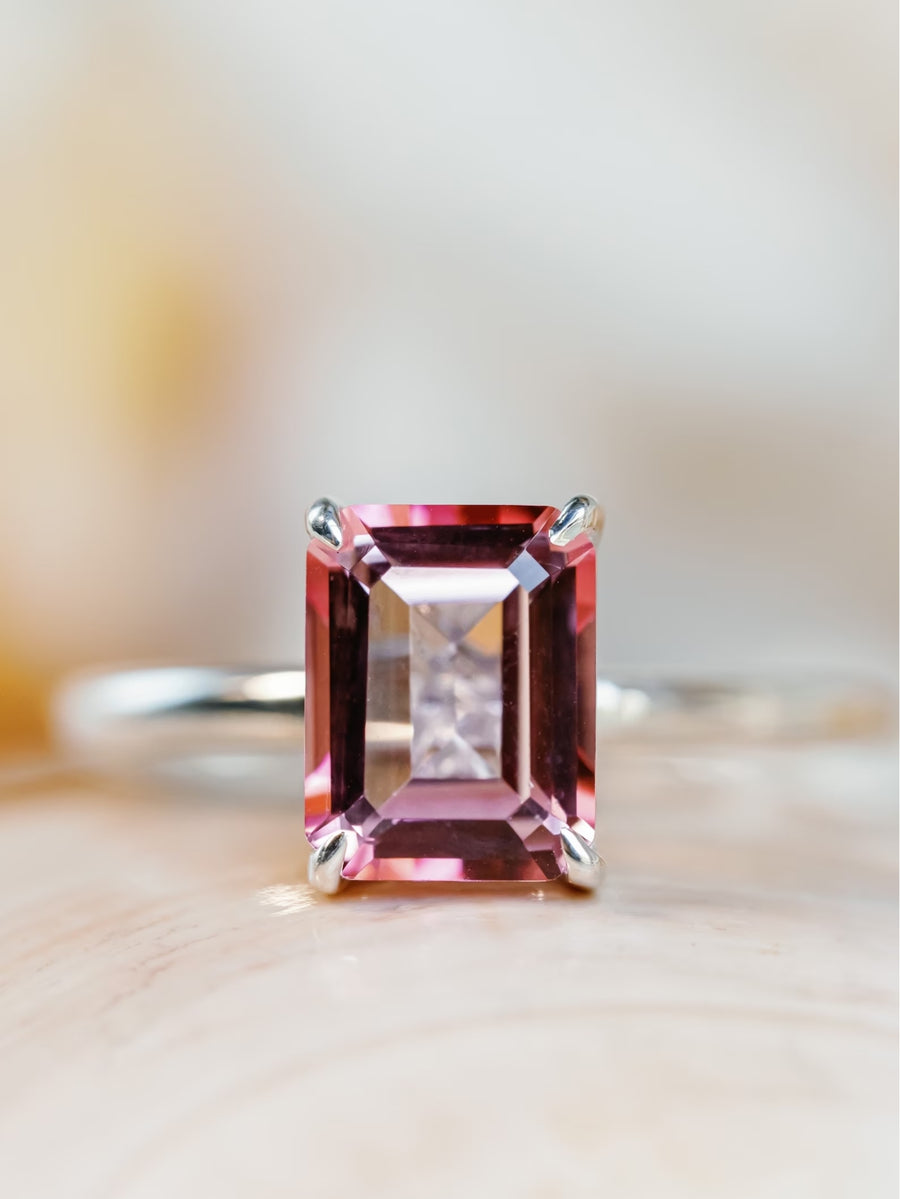 Natural Pink Topaz Emerald Cut Solitaire Ring