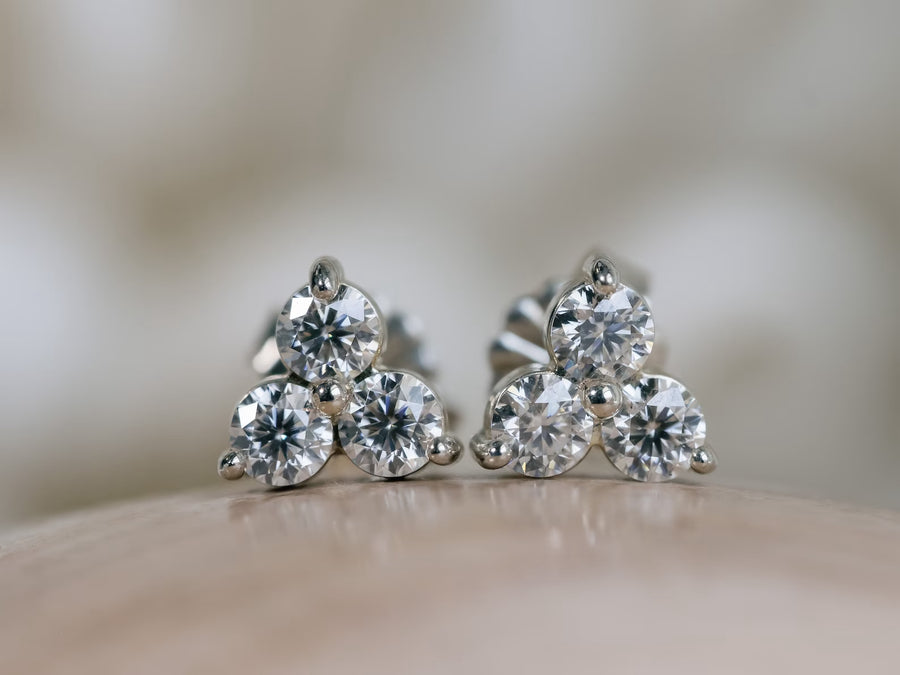 14k Moissanite Three Stone Cluster Stud Earrings