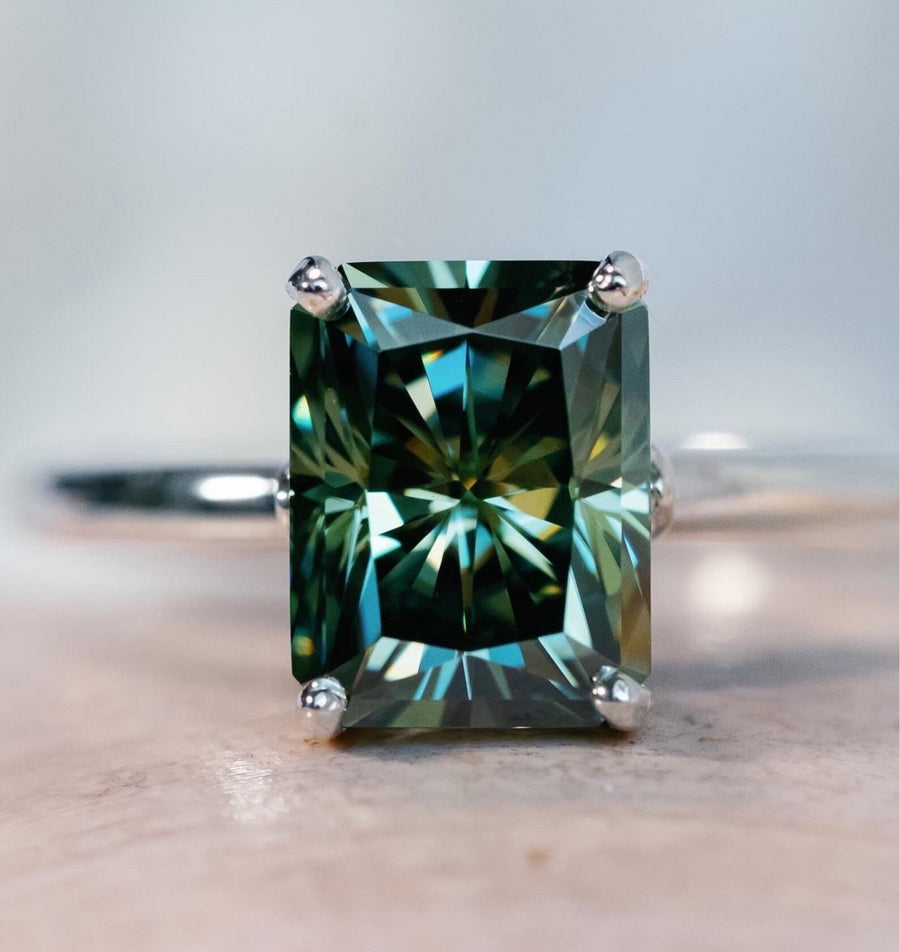 14k Radiant Cut Green Moissanite Solitaire Ring