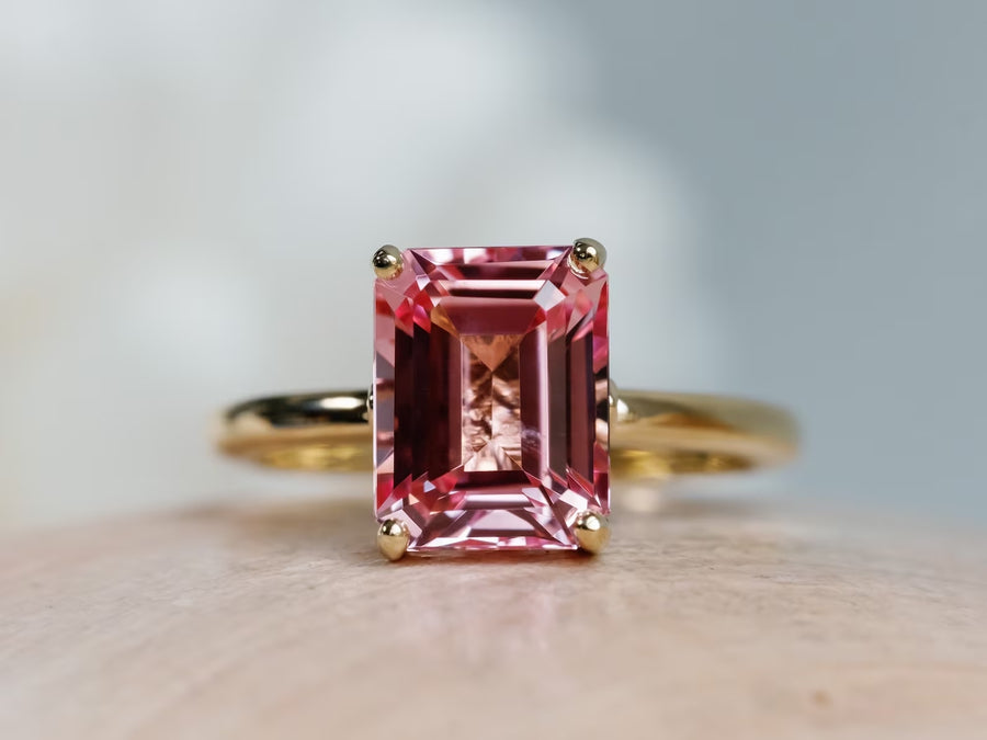 14k Emerald Cut Pink Padparadscha Sapphire Ring