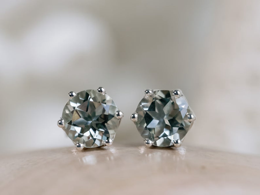 14k Silver Prasiolite Green Amethyst Round Stud Earrings