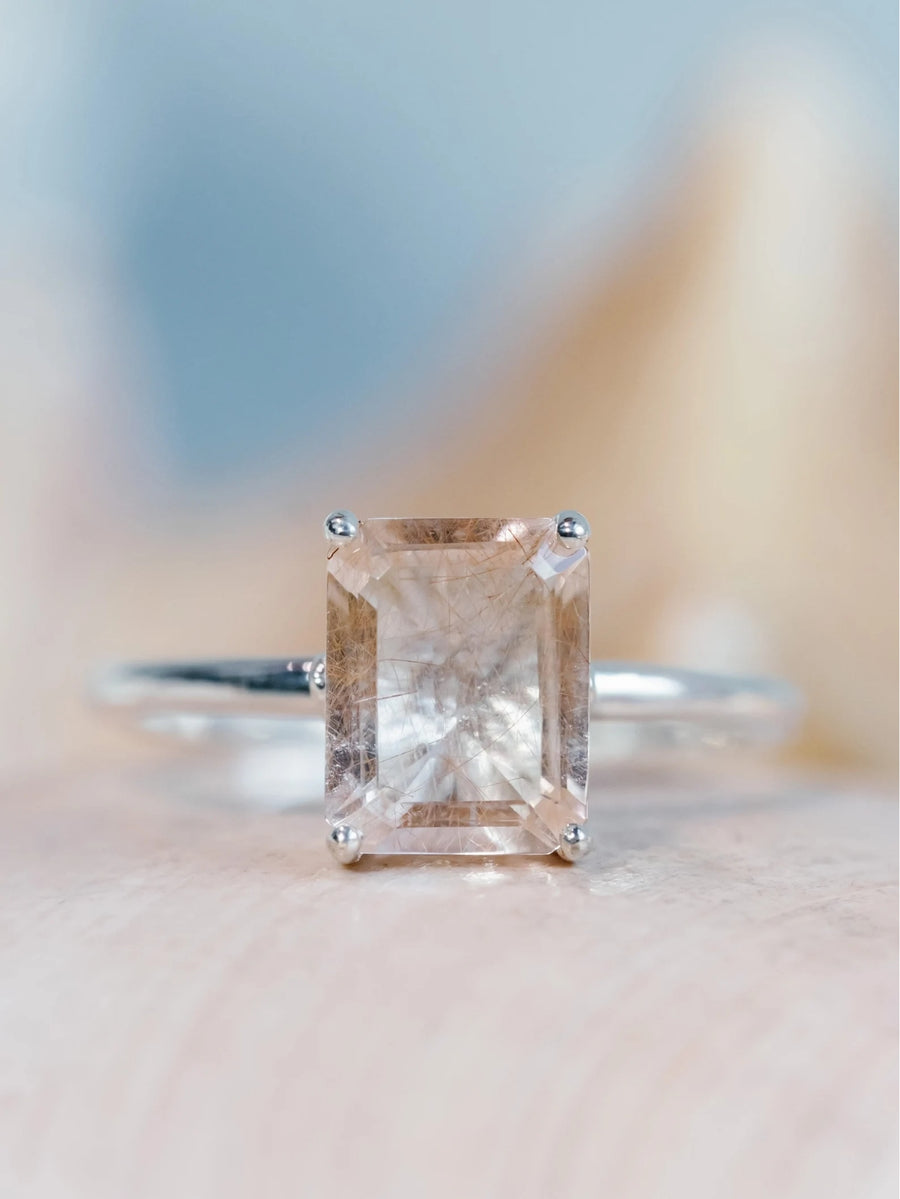Emerald Cut Copper Rutilated Tourmalinated Quartz Ring