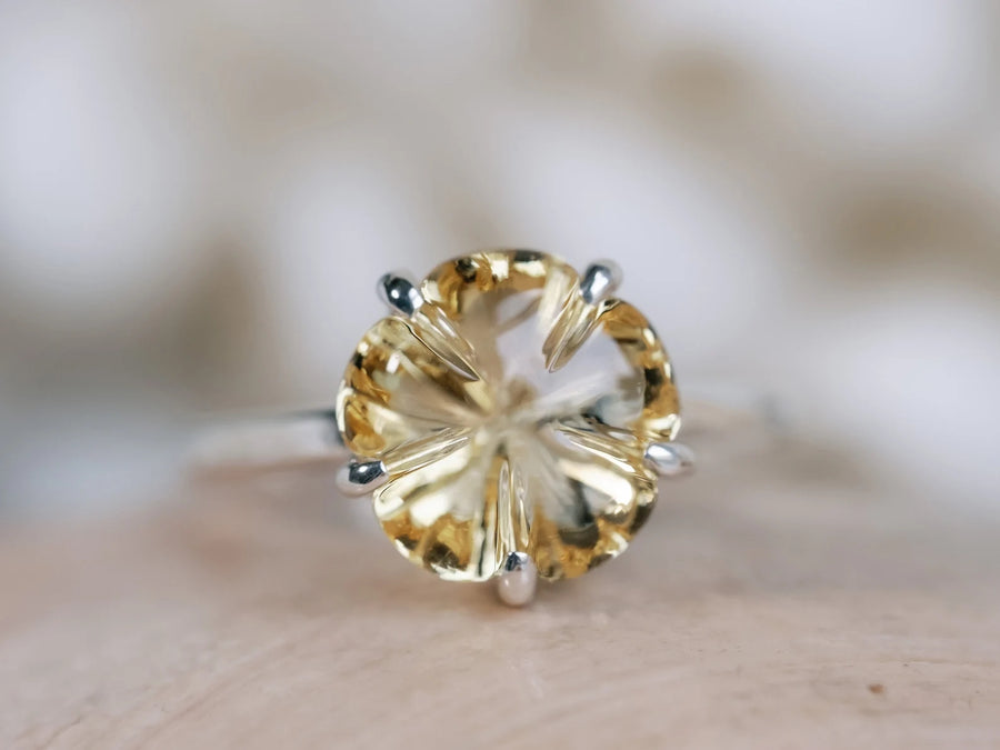 14k Citrine Five Petal Flower Solitaire Gemstone Citrine Ring