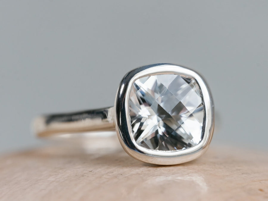 14k Cushion Cut Natural White Topaz Bezel Ring