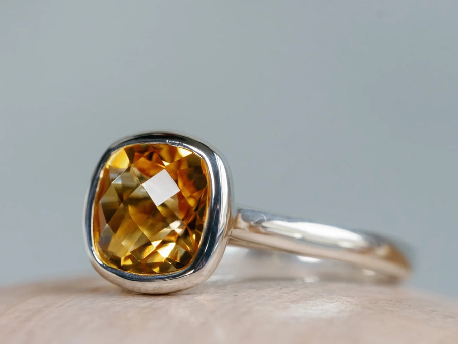 14k Cushion Cut Natural Citrine Bezel Ring