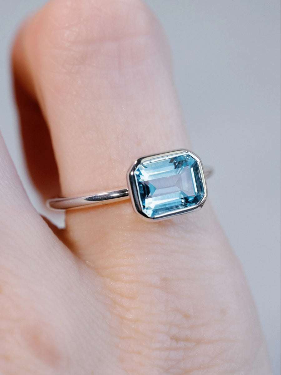 14k Emerald Cut Sky Blue Topaz Ring