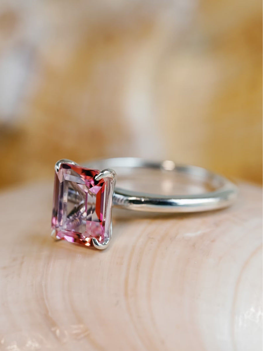 Natural Pink Topaz Emerald Cut Solitaire Ring