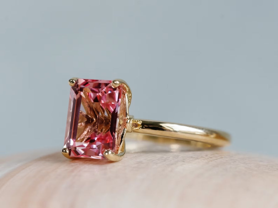 14k Emerald Cut Pink Padparadscha Sapphire Ring