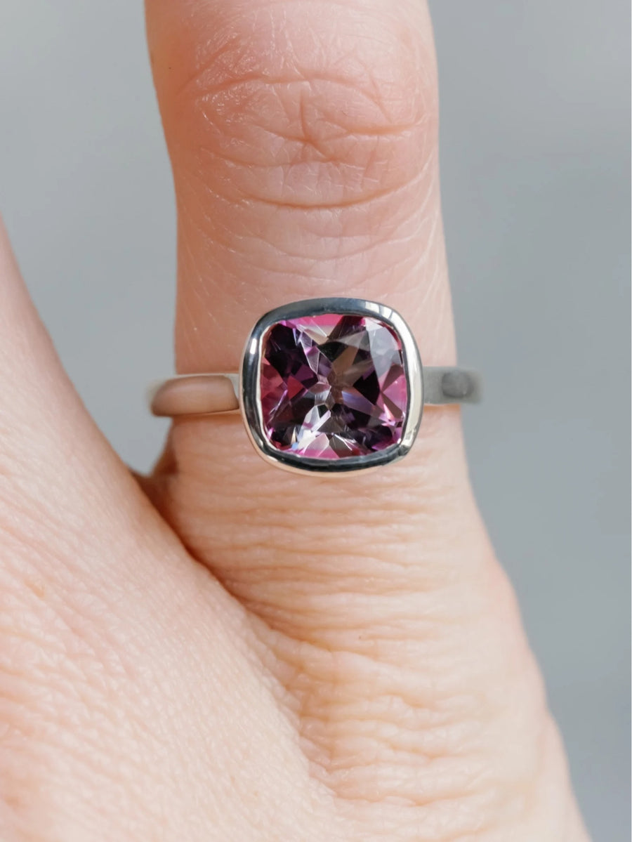 Cushion Cut Pink Topaz Bezel Ring