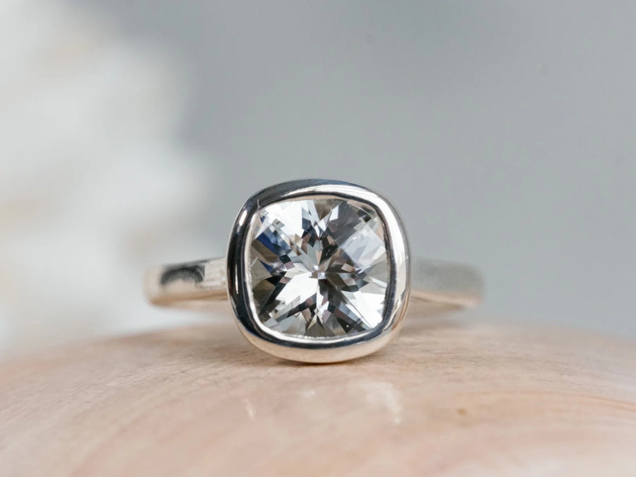 14k Cushion Cut Natural White Topaz Bezel Ring