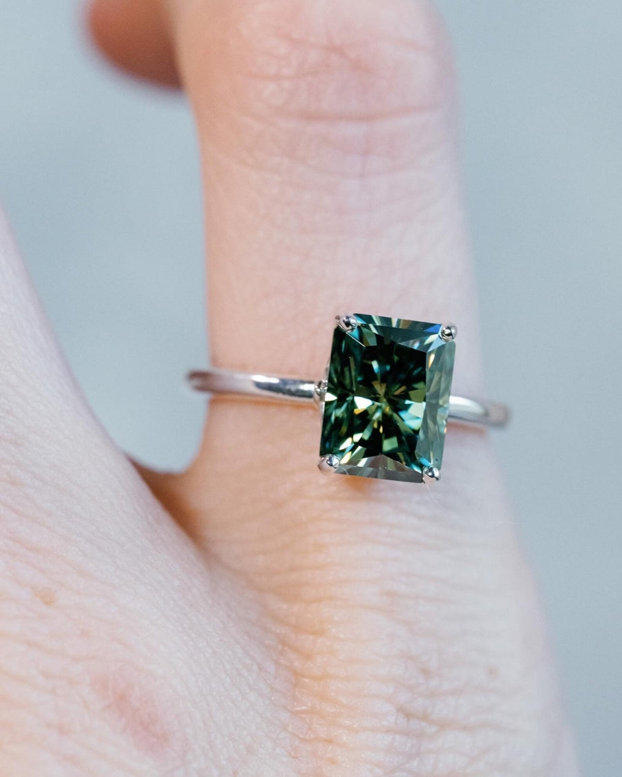 14k Radiant Cut Green Moissanite Solitaire Ring