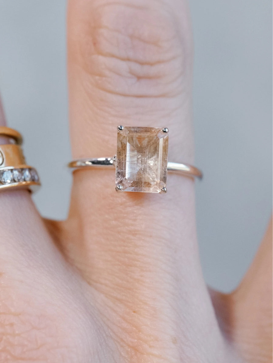 Emerald Cut Copper Rutilated Tourmalinated Quartz Ring