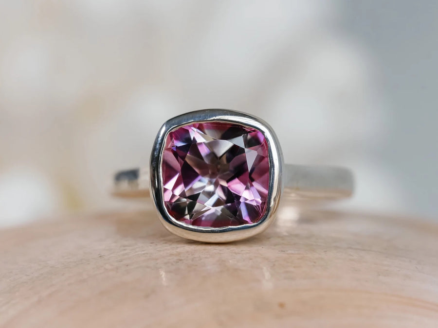 Cushion Cut Pink Topaz Bezel Ring
