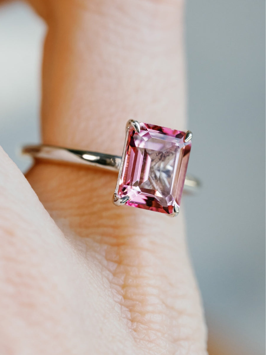 Natural Pink Topaz Emerald Cut Solitaire Ring