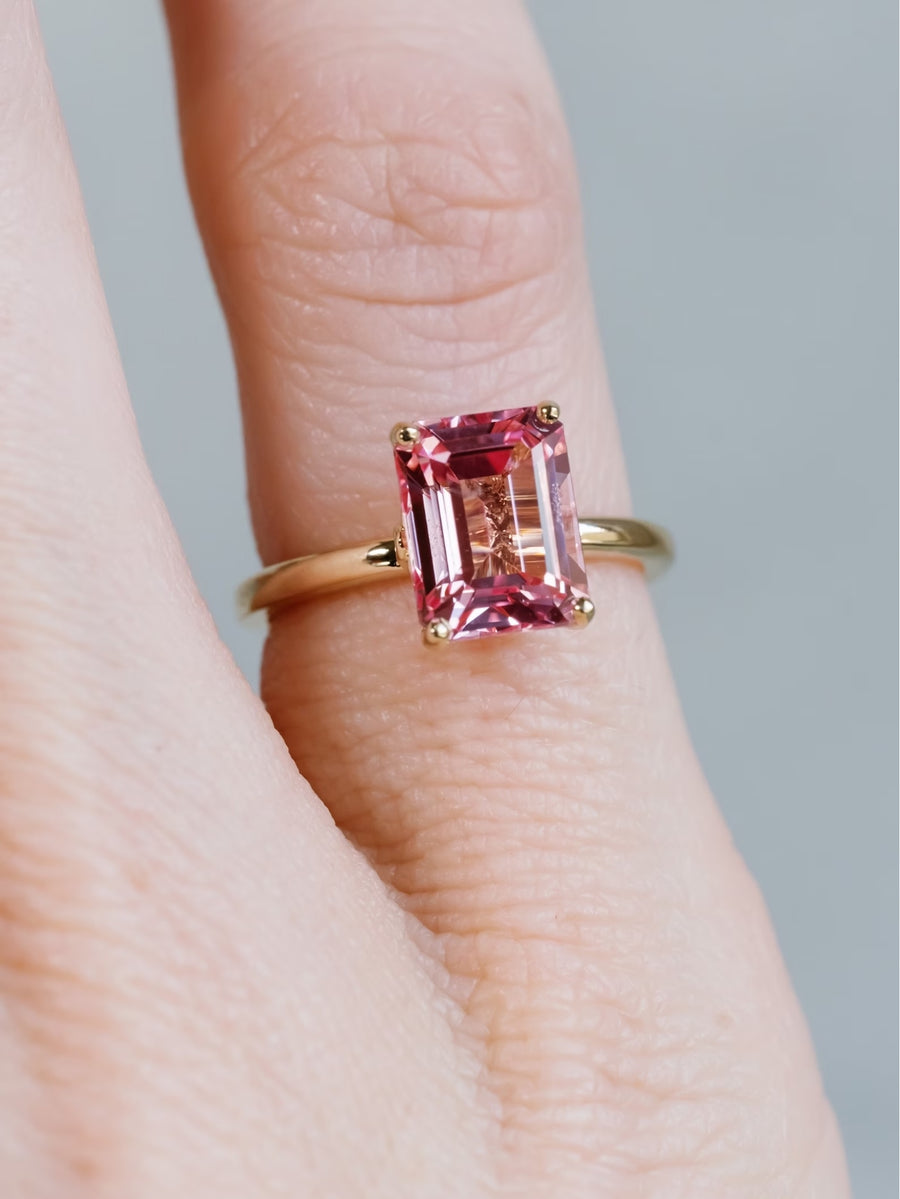 14k Emerald Cut Pink Padparadscha Sapphire Ring