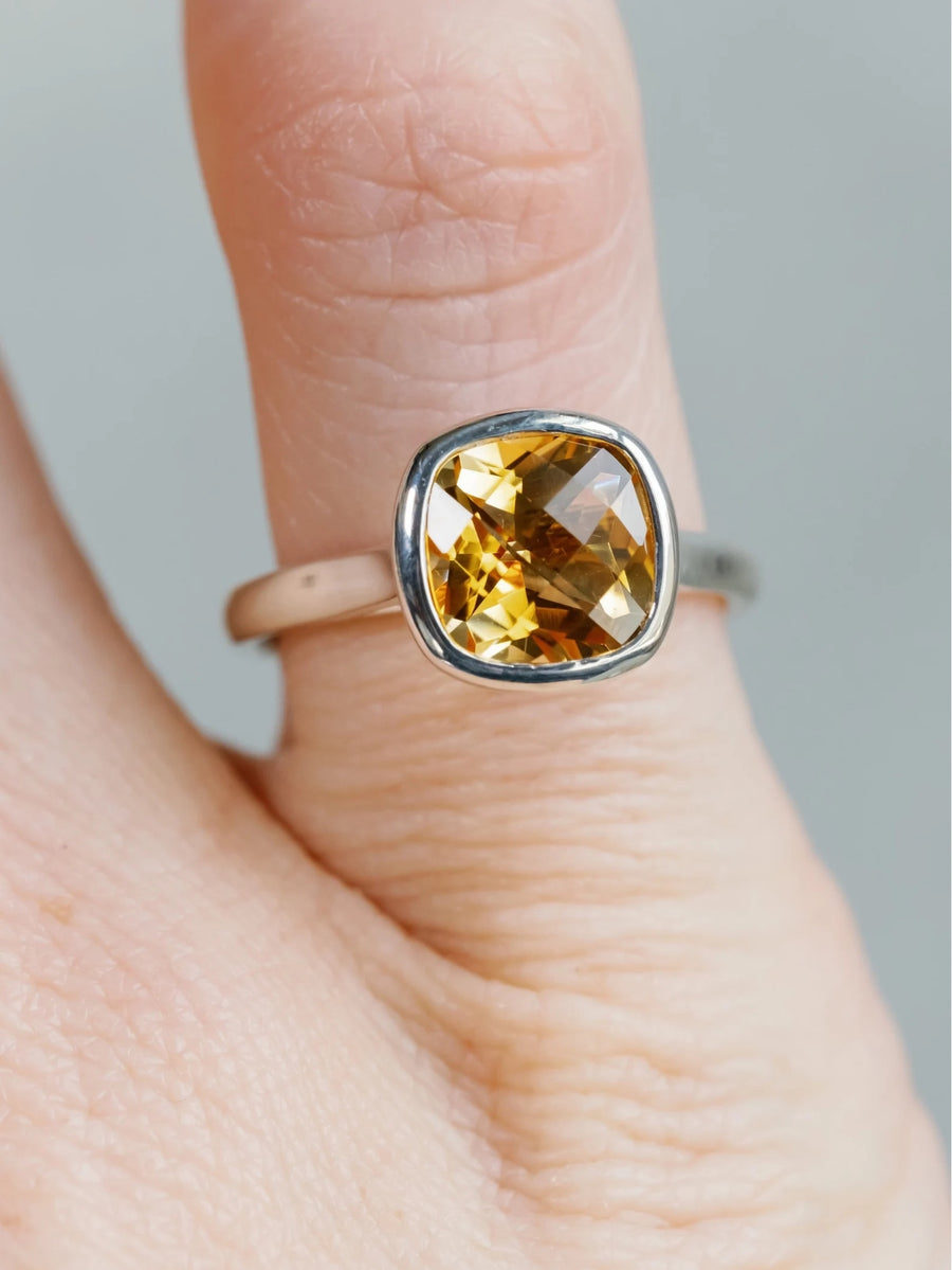 14k Cushion Cut Natural Citrine Bezel Ring