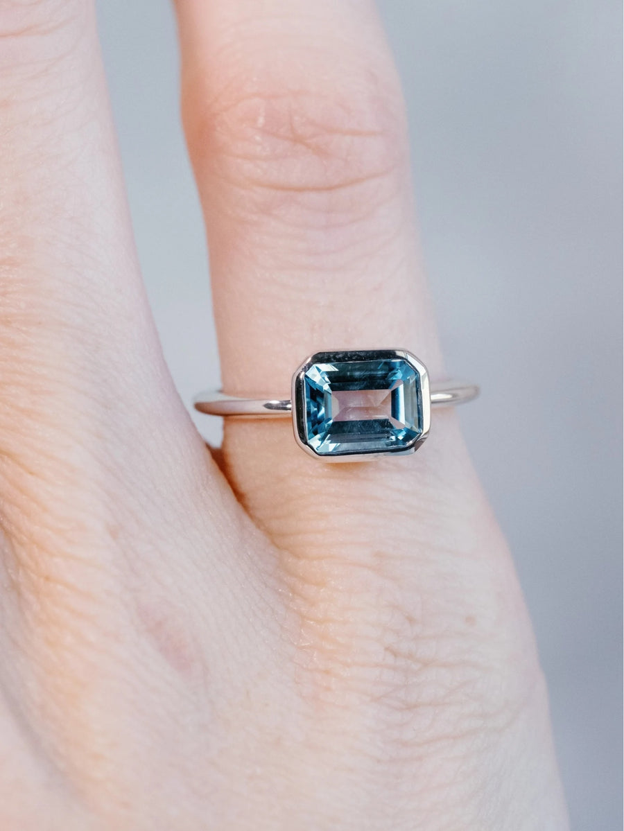 14k Emerald Cut Sky Blue Topaz Ring
