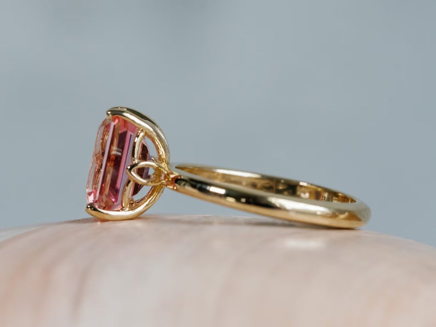 14k Emerald Cut Pink Padparadscha Sapphire Ring