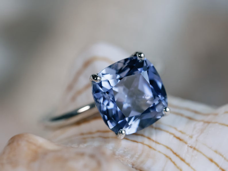 14k Cornflower Cushion Cut Lab Created Blue Sapphire Ring