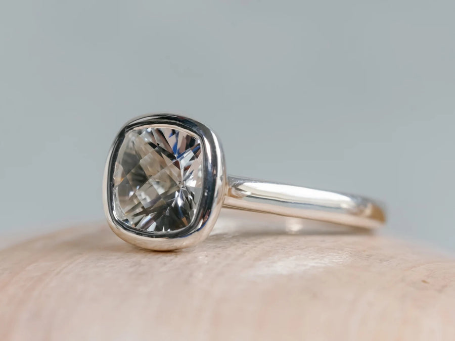 14k Cushion Cut Natural White Topaz Bezel Ring