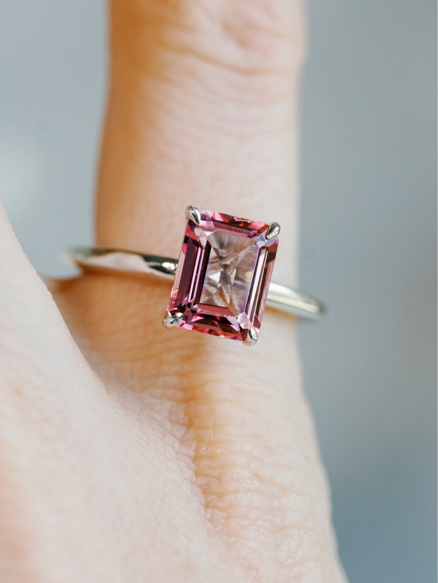 Natural Pink Topaz Emerald Cut Solitaire Ring