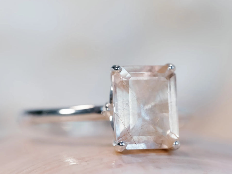 Emerald Cut Copper Rutilated Tourmalinated Quartz Ring