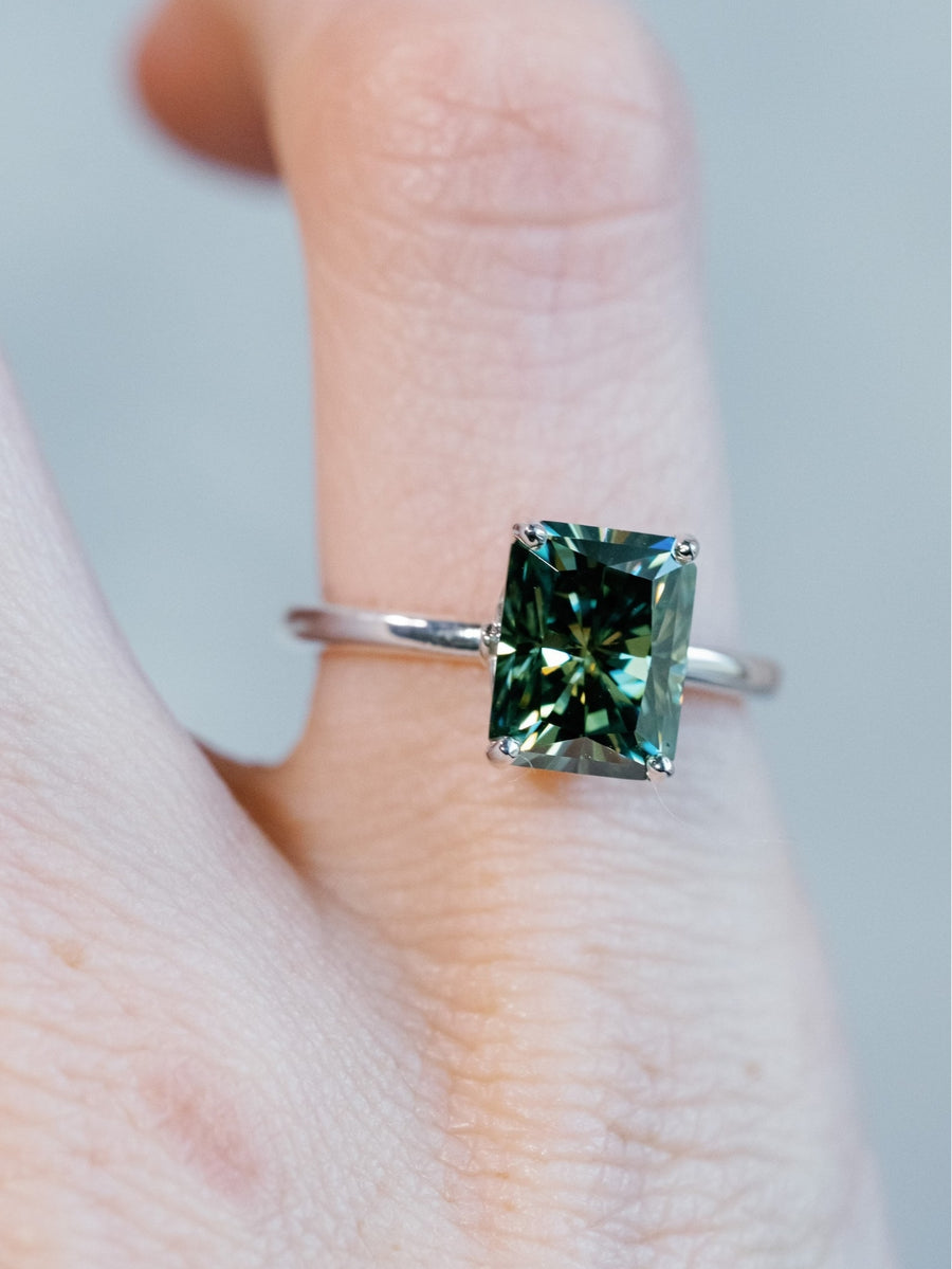 14k Radiant Cut Green Moissanite Solitaire Ring