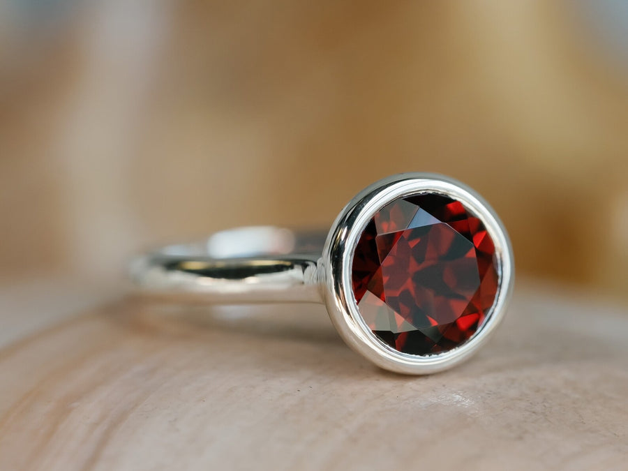 14k Natural Garnet Round Bezel Solitaire Ring