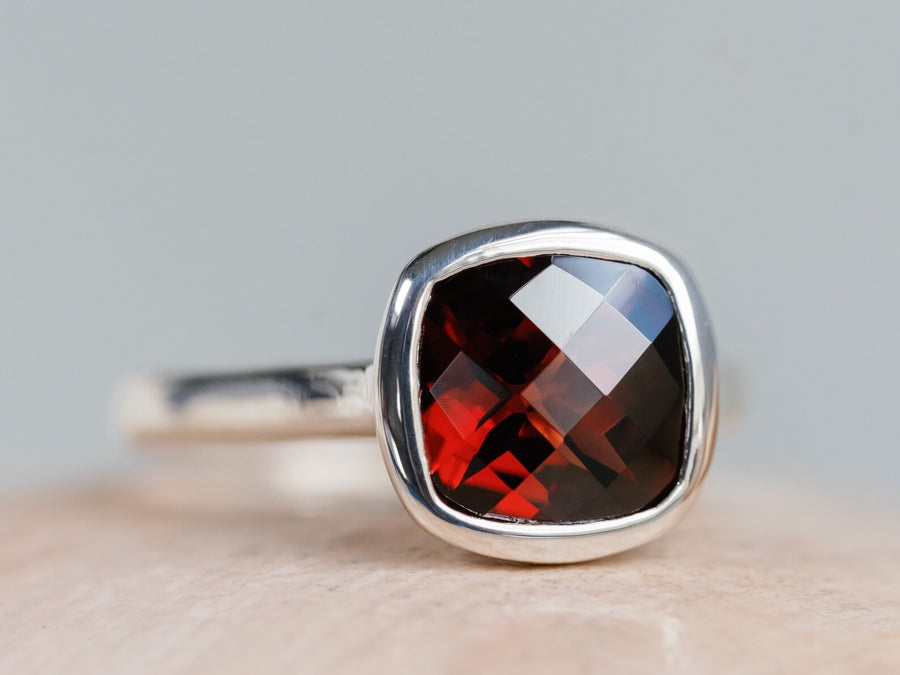 14k Cushion Cut Natural Garnet Bezel Ring