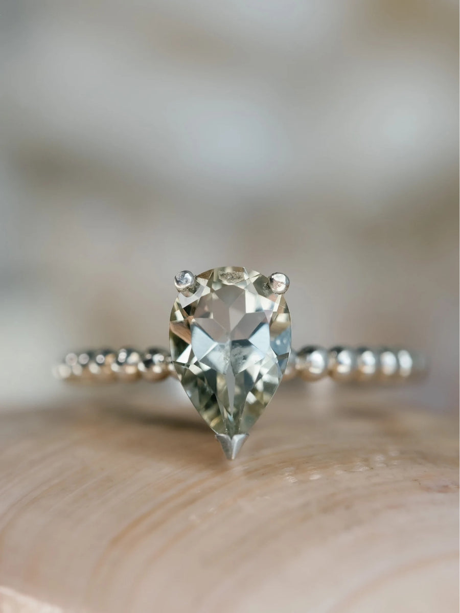 14k Pear Cut Prasiolite Green Amethyst Ring