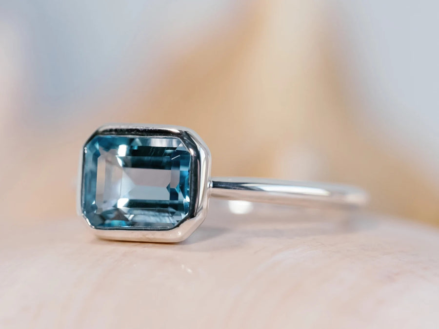 14k Emerald Cut Sky Blue Topaz Ring