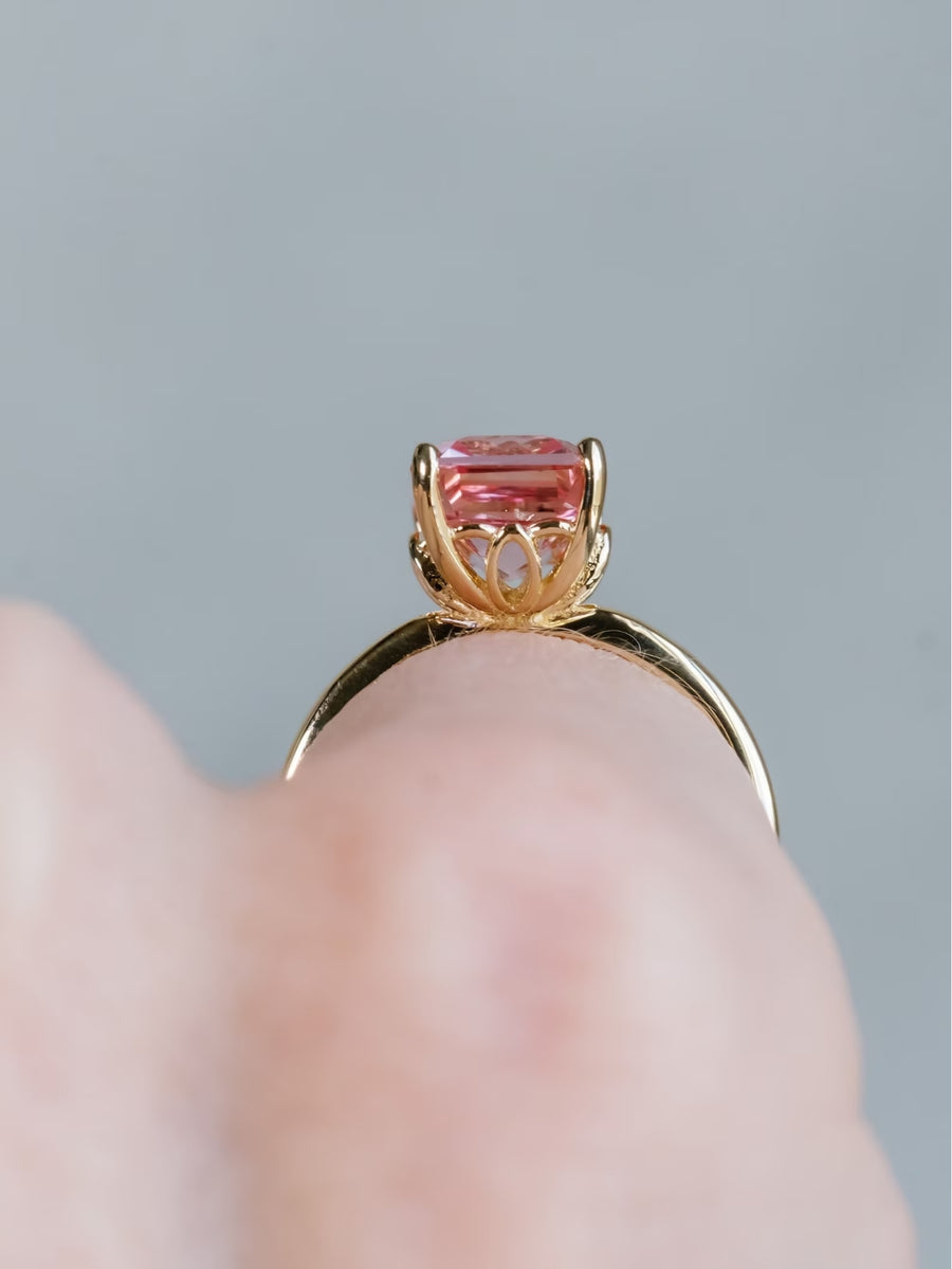 14k Emerald Cut Pink Padparadscha Sapphire Ring