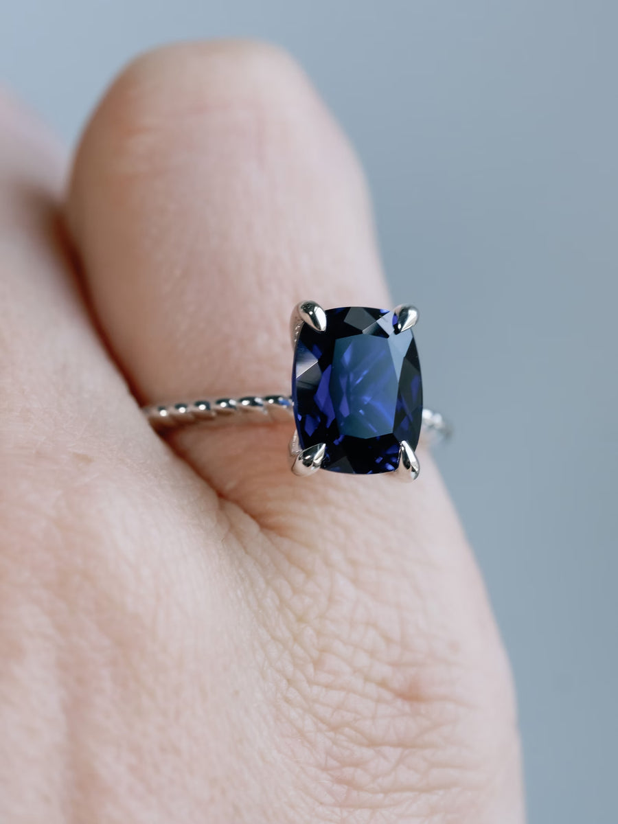 Elongated Cushion Cut 3.00ct Large Lab Grown Blue Sapphire Ring