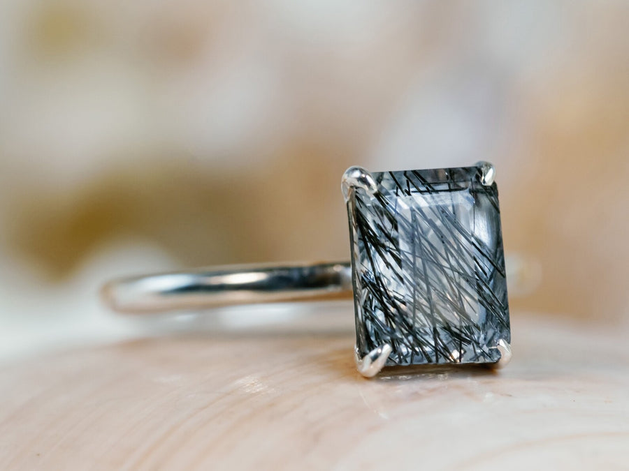 Black Rutilated Emerald Cut Tourmalinated Quartz Ring