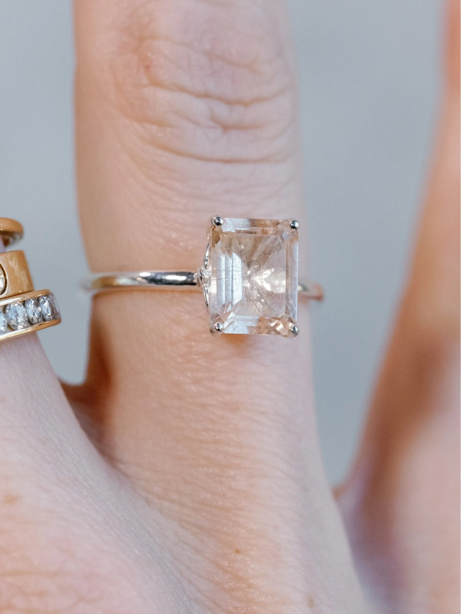 Emerald Cut Copper Rutilated Tourmalinated Quartz Ring