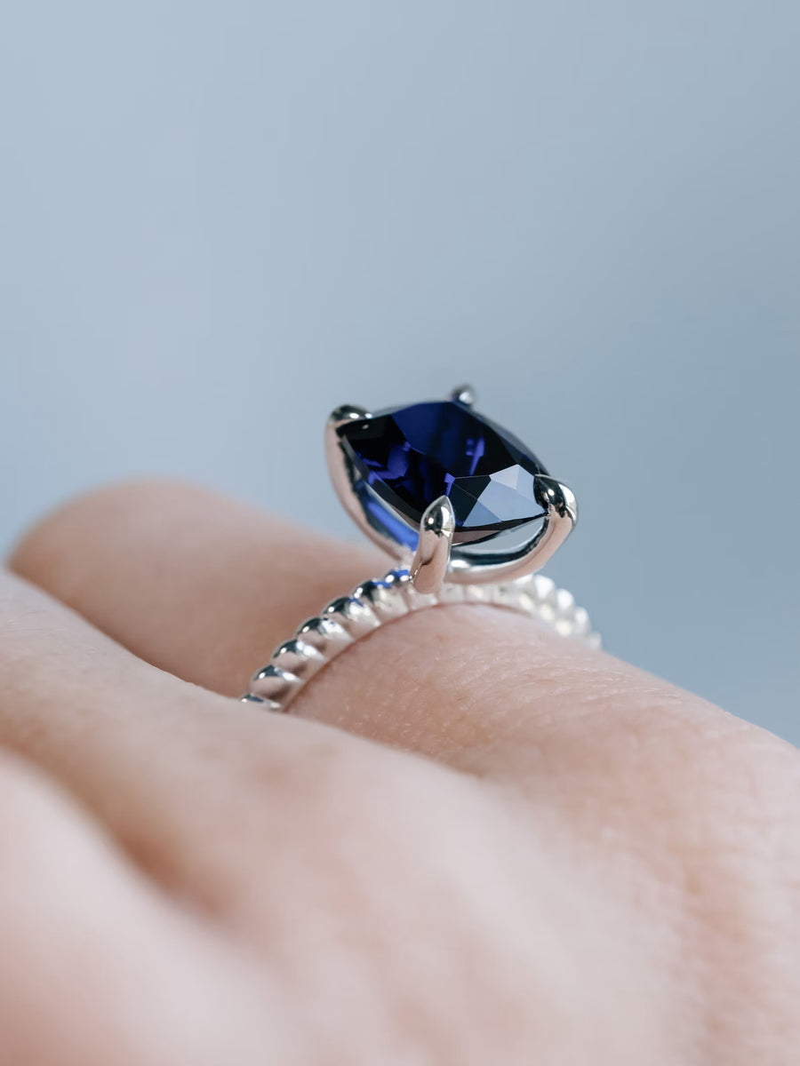 Elongated Cushion Cut 3.00ct Large Lab Grown Blue Sapphire Ring