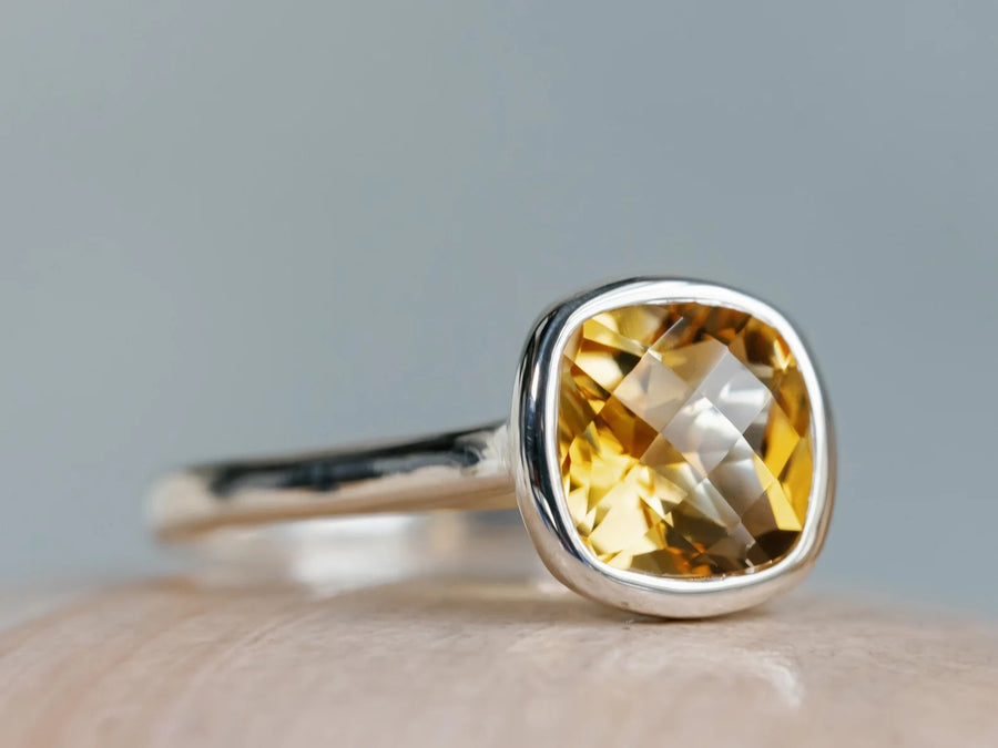 14k Cushion Cut Natural Citrine Bezel Ring