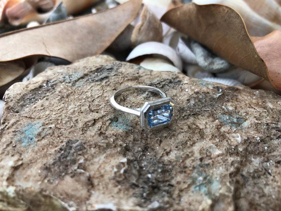 14k Emerald Cut Aquamarine Bezel Ring