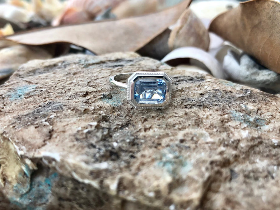 14k Emerald Cut Aquamarine Bezel Ring