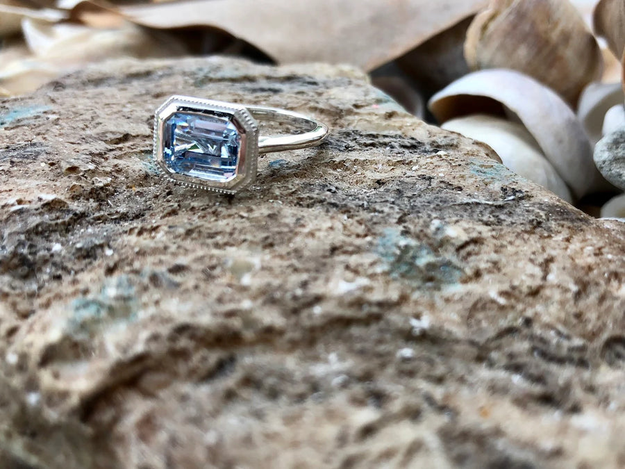 14k Emerald Cut Aquamarine Bezel Ring