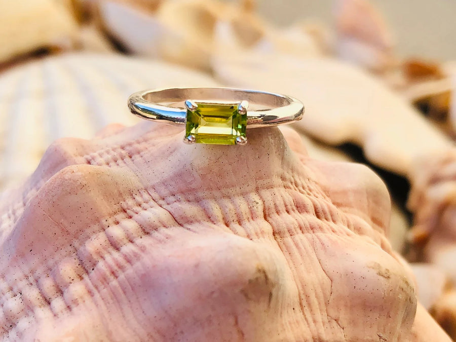 East West Emerald Cut Peridot Solitaire Stacking Engagement Ring