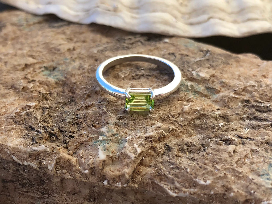 East West Emerald Cut Peridot Solitaire Stacking Engagement Ring