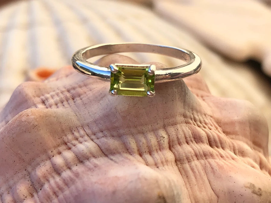 East West Emerald Cut Peridot Solitaire Stacking Engagement Ring