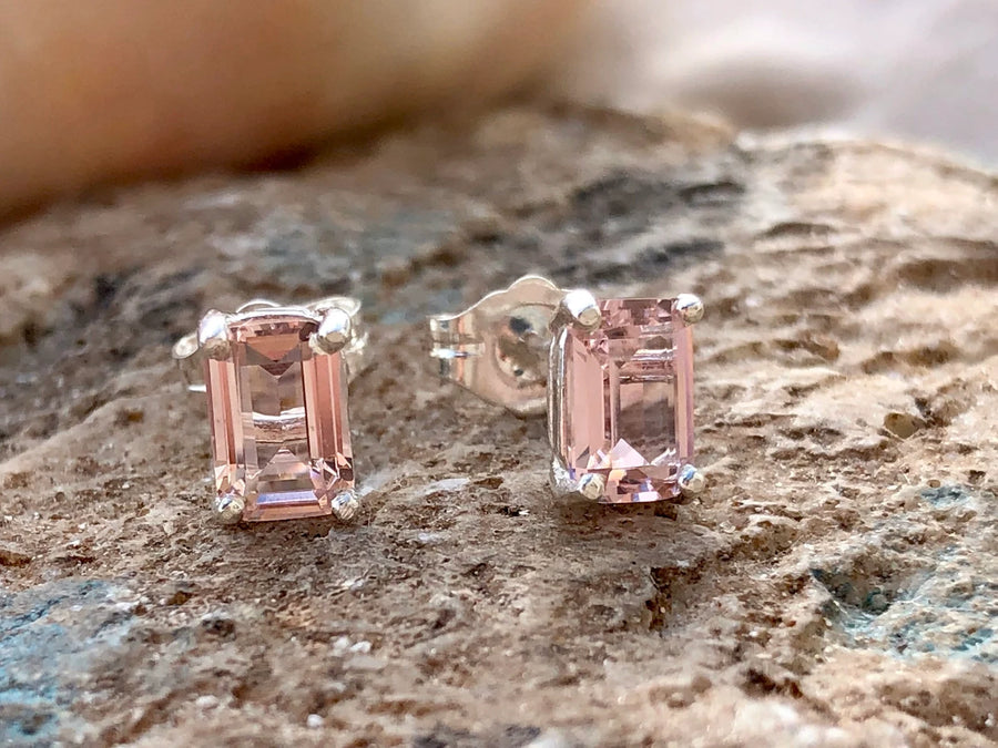 Emerald Cut Morganite Stud Earrings