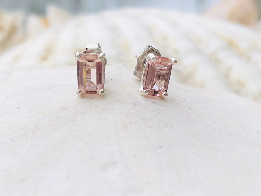 Emerald Cut Morganite Stud Earrings