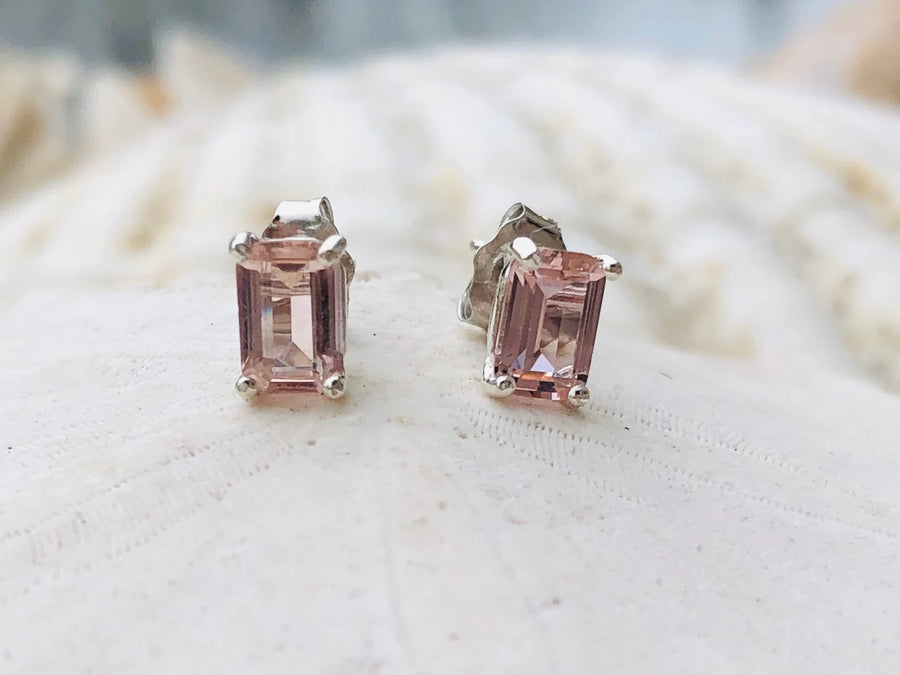 Emerald Cut Morganite Stud Earrings